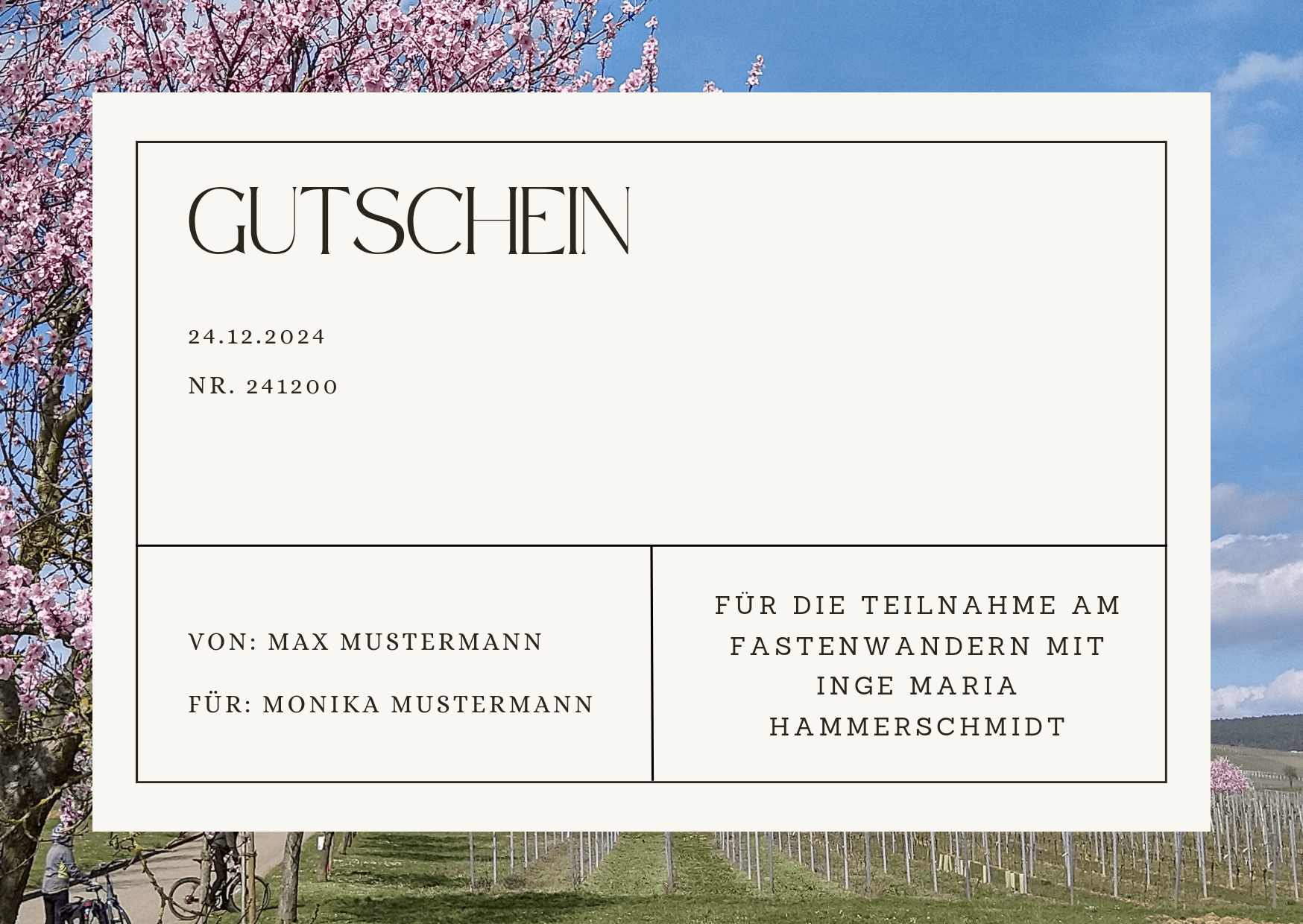 Muster für einen Gutschein zum Fastenwandern mit Inge Maria Hammerschmidt (Rückseite)